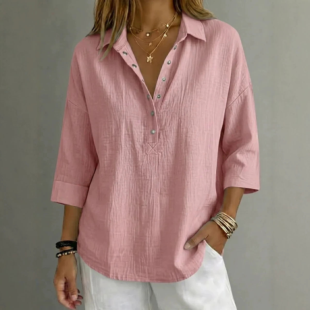 New Arrival🔥 Women's Casual Linen Blend Henley 3/4 Sleeve Shirt