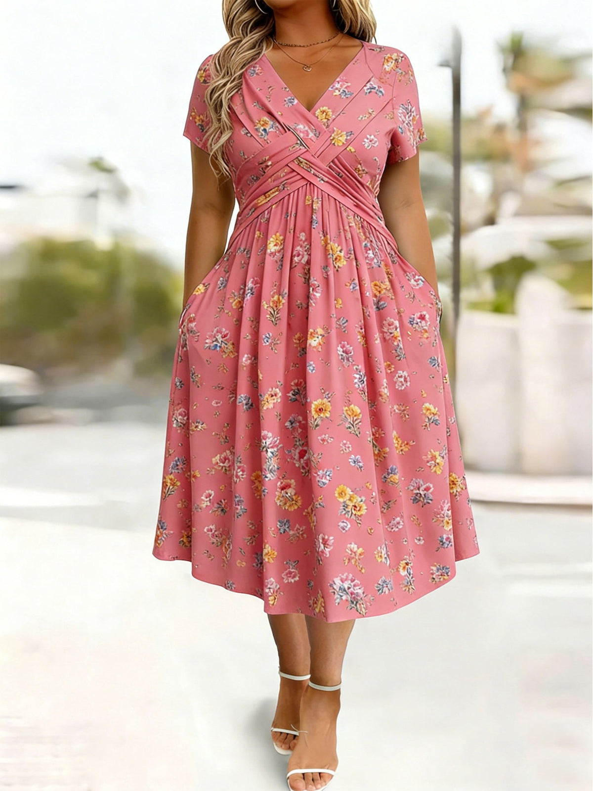 🔥Women's V-Neck Floral Print Dress with Twist Waist
